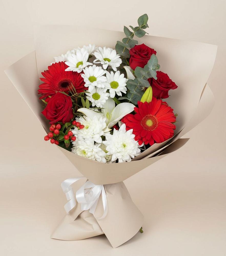 Букет цветов из: Розы, Хризантемы, Герберы и Лилии в Перелюбе