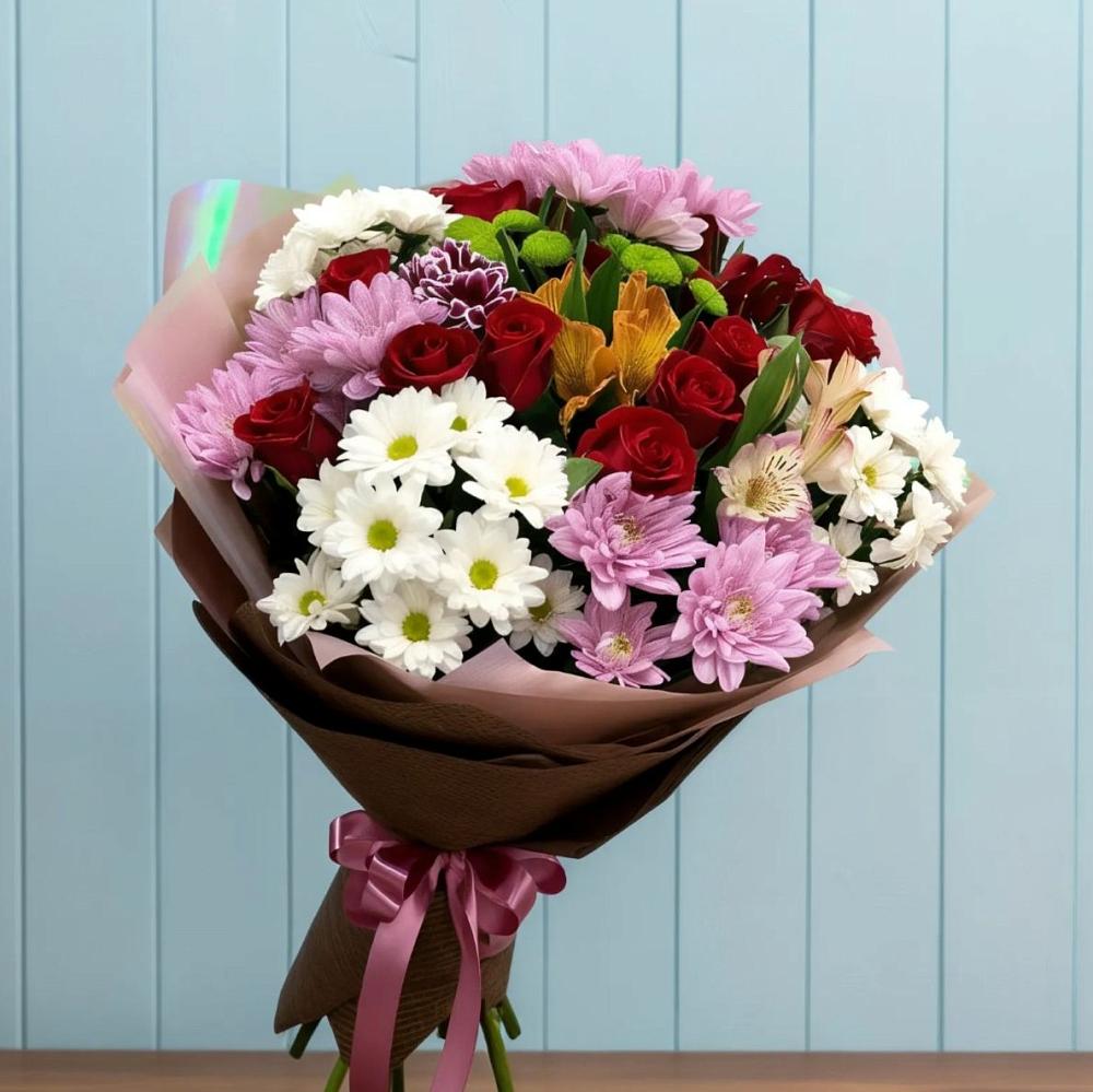 Букет цветов из: Розы, Хризантемы и Альстромерии в Перелюбе