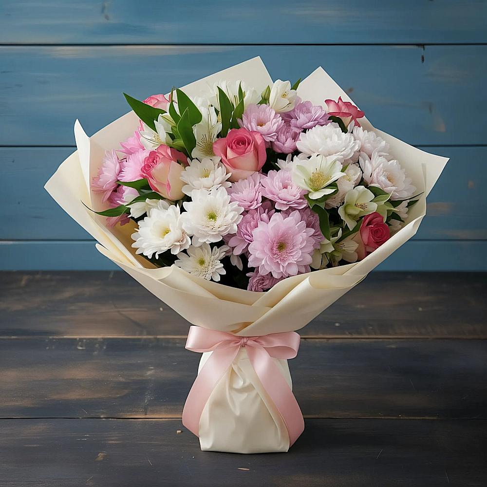 Букет цветов из: Хризантемы, Альстромерии и Розы в Перелюбе